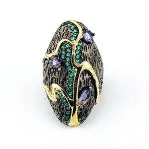 Black Rhodium Sterling Silver Ring Green CZ Amethyst Branch Size 6 North South